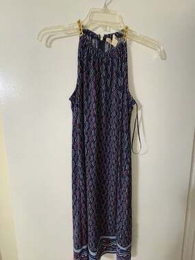 Michael Kors XS Blue and Red Geometric Print Chain Detail Halter Mini Dress